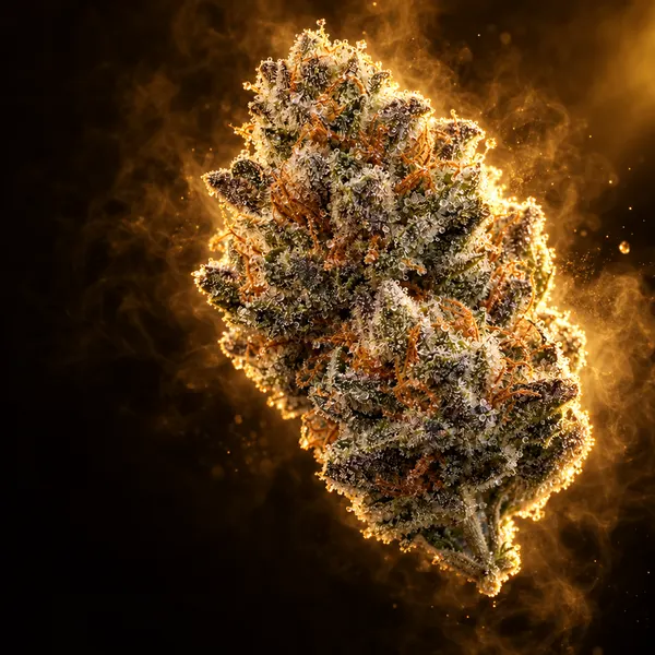 Tête de cannabis givrée sous une lumière dorée, congelée dès la récolte