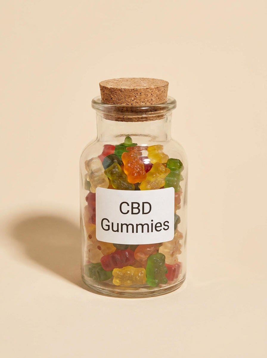 Vergleich zweier Konsumformen: Fruchtgummis neben getrockneten Cannabisblüten auf hellem Untergrund