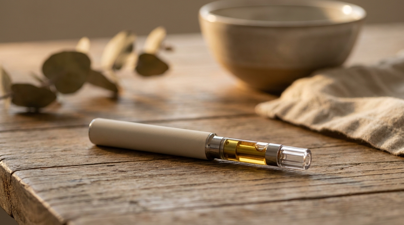 Vape Pen mit Kartusche auf Holztisch, warmes Tageslicht von der Seite