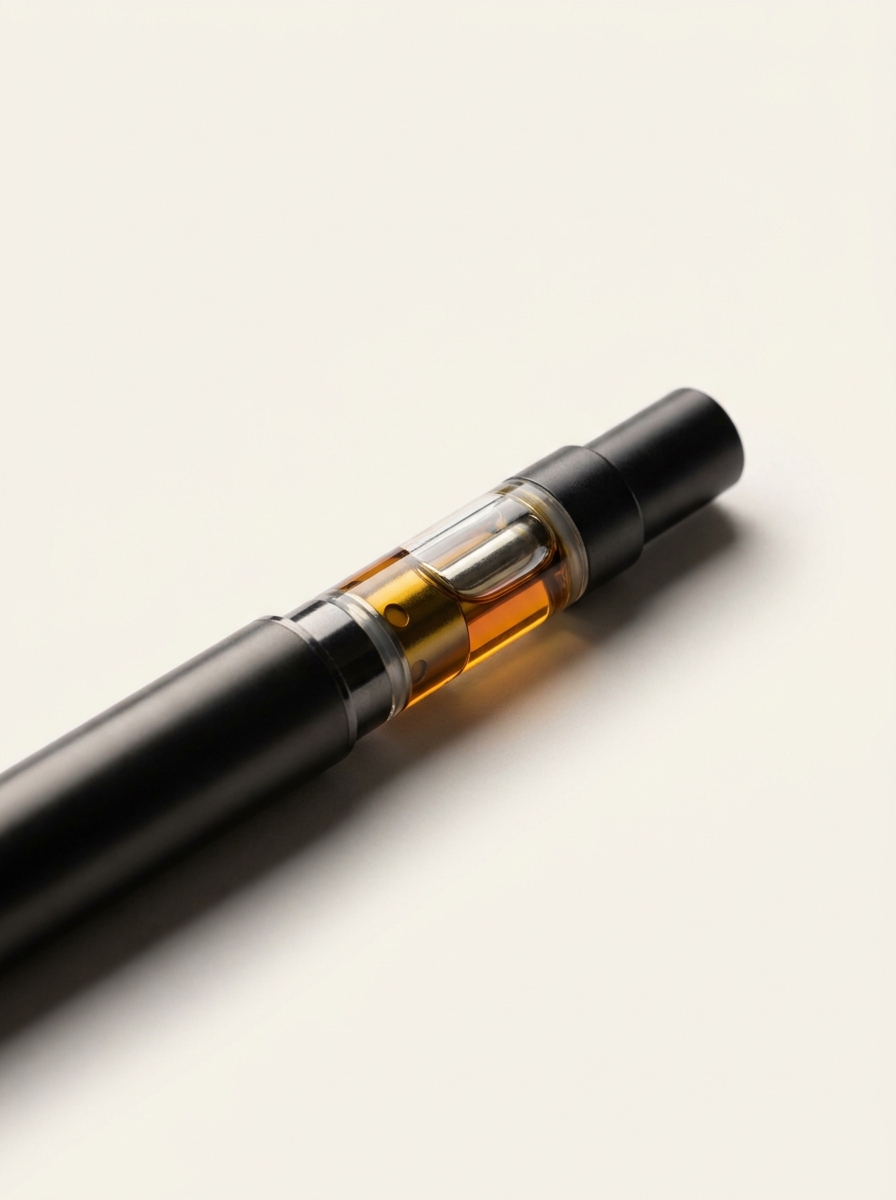 Schlanker Vape-Pen mit Kartusche auf hellem Untergrund, weiche Schattenkante