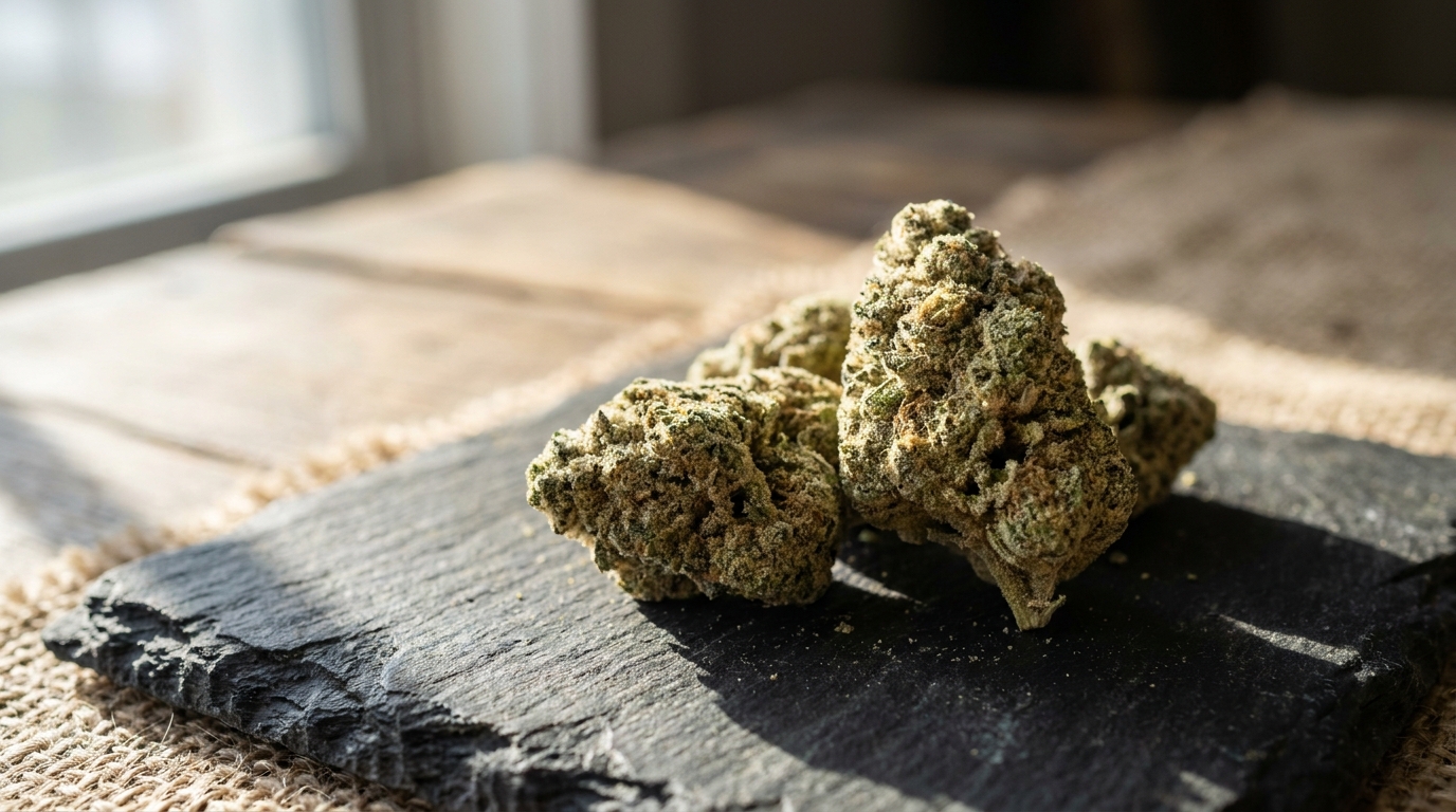 Bille de moon rock CBD grise et poudreuse tenue entre deux doigts