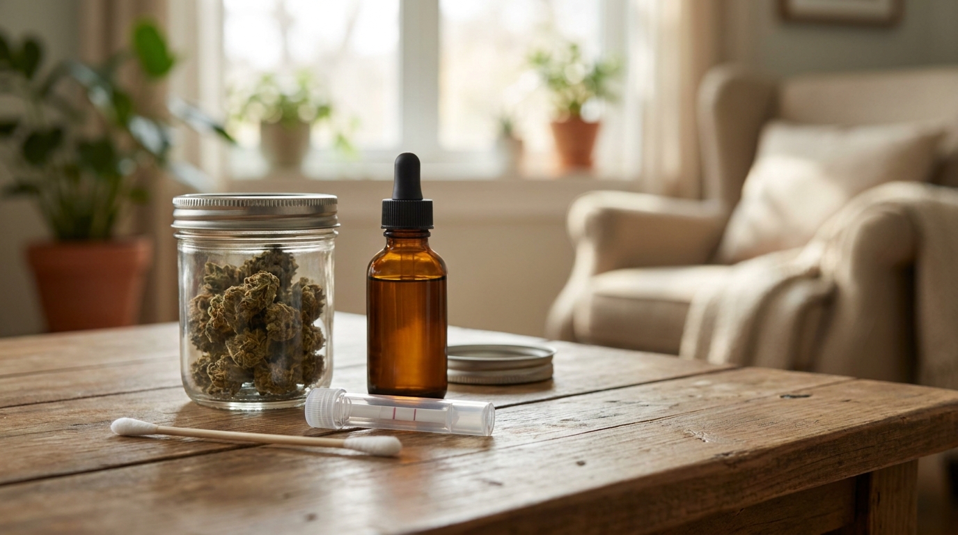 test salivaire thc — plan d'ouverture éditorial, sujet net au premier plan, profondeur de champ courte, lumière naturelle rasante, fond contextuel discret