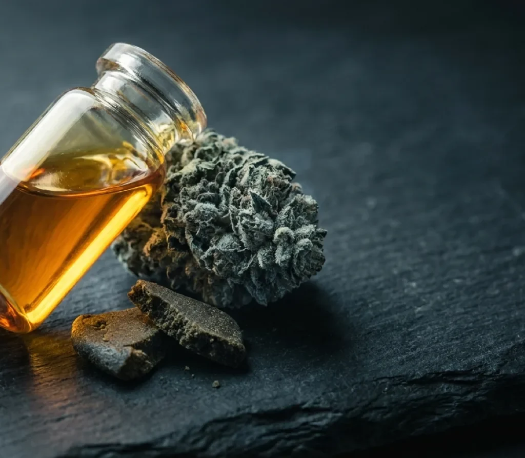 Flacon de distillat THCX ambré posé sur une ardoise sombre, à côté d’une fleur de chanvre givrée et d’éclats de résine