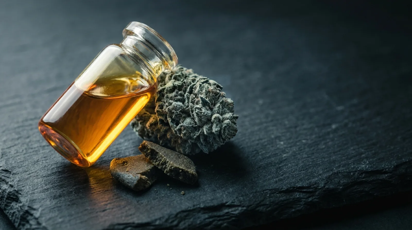 Flacon de distillat THCX ambré posé sur une ardoise sombre, à côté d’une fleur de chanvre givrée et d’éclats de résine