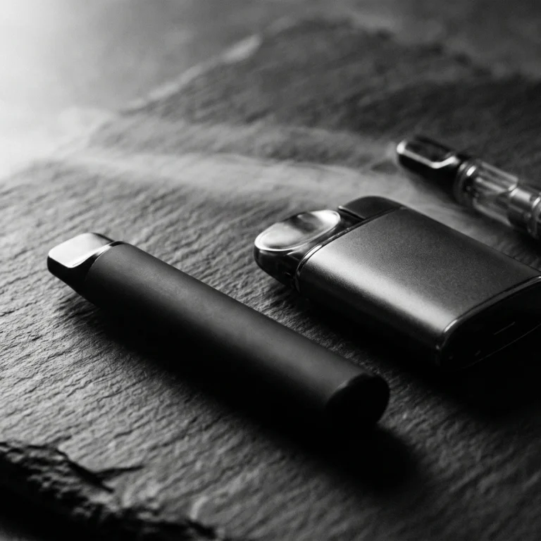 Les trois formats de vape THCX : puff jetable, pod rechargeable et cartouche 510, posés sur une ardoise