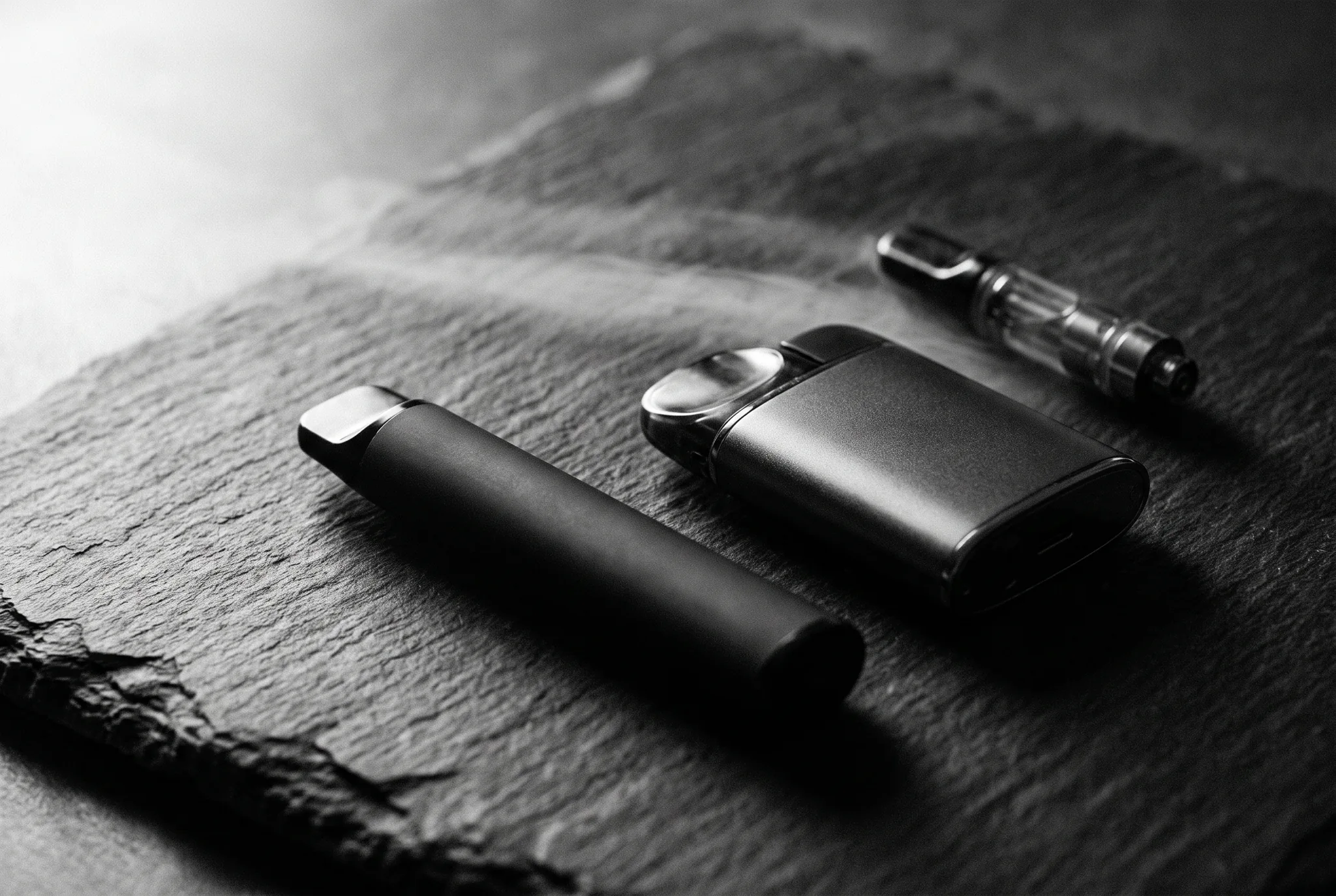 Les trois formats de vape THCX : puff jetable, pod rechargeable et cartouche 510, posés sur une ardoise