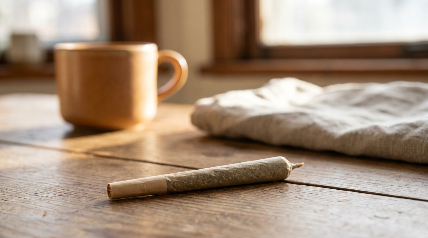 Spliff roulé posé sur une table en bois devant une tasse et un linge plié, à la lumière d'une fenêtre