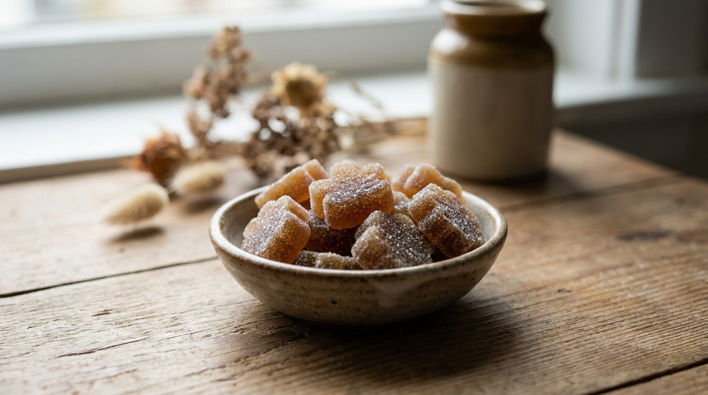 Bonbons gélifiés saupoudrés de sucre dans un bol en grès posé sur une table en bois