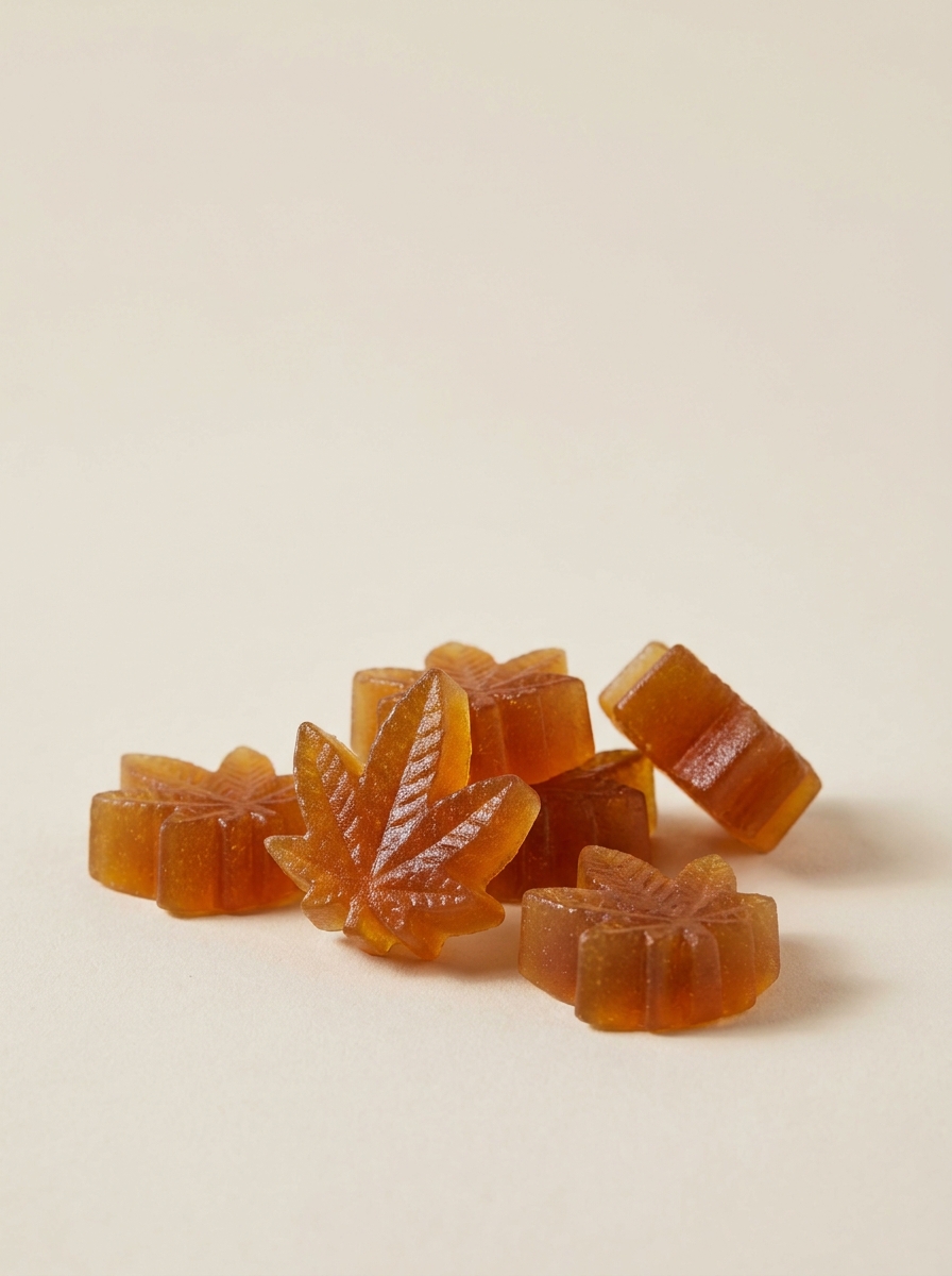 Bonbons gélifiés ambrés en forme de feuille de cannabis posés sur un fond beige uni
