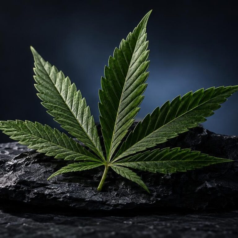 10-OH-HHC : feuille de cannabis aux nervures détaillées posée sur pierre noire, fond bleu foncé, contexte légal français