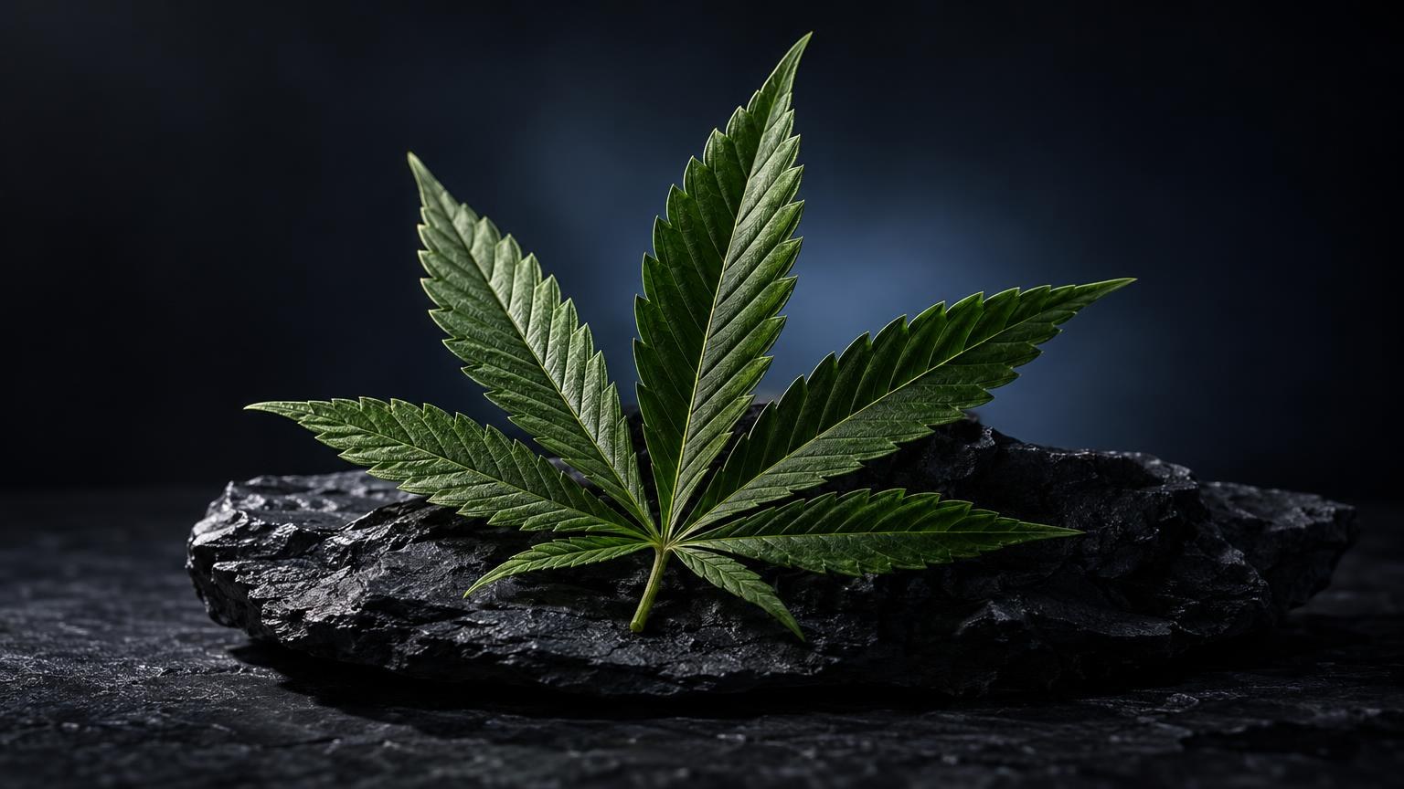 10-OH-HHC : feuille de cannabis aux nervures détaillées posée sur pierre noire, fond bleu foncé
