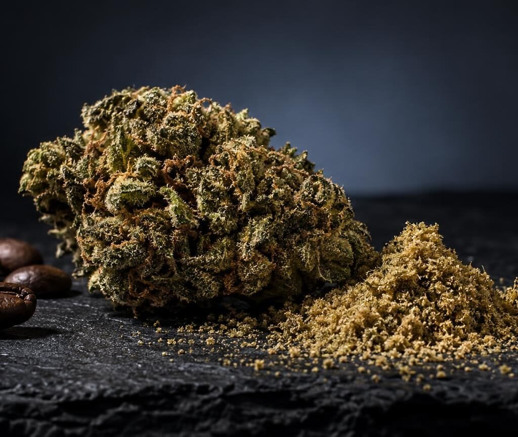 Fleur de cannabis séchée et poudre fine sur surface noire, avec graines, pour découvrir les variétés 1001 fleurs CBD