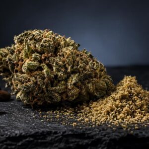 Fleur de cannabis séchée et poudre fine sur surface noire, avec graines, pour découvrir les variétés 1001 fleurs CBD