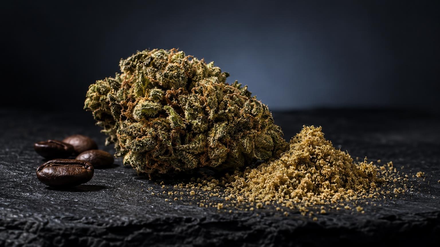 Fleur de cannabis séchée et poudre fine sur surface noire, avec graines, pour découvrir les variétés 1001 fleurs CBD