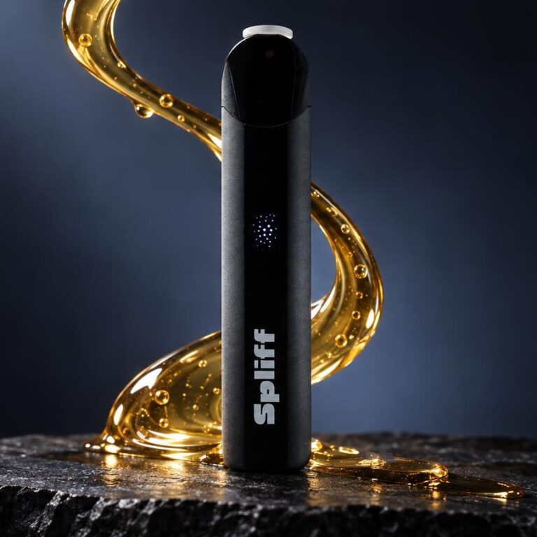 Vaporisateur noir Magic Vape sur pierre mouillée, entouré de projections d'or, pour article sur 420 : signification