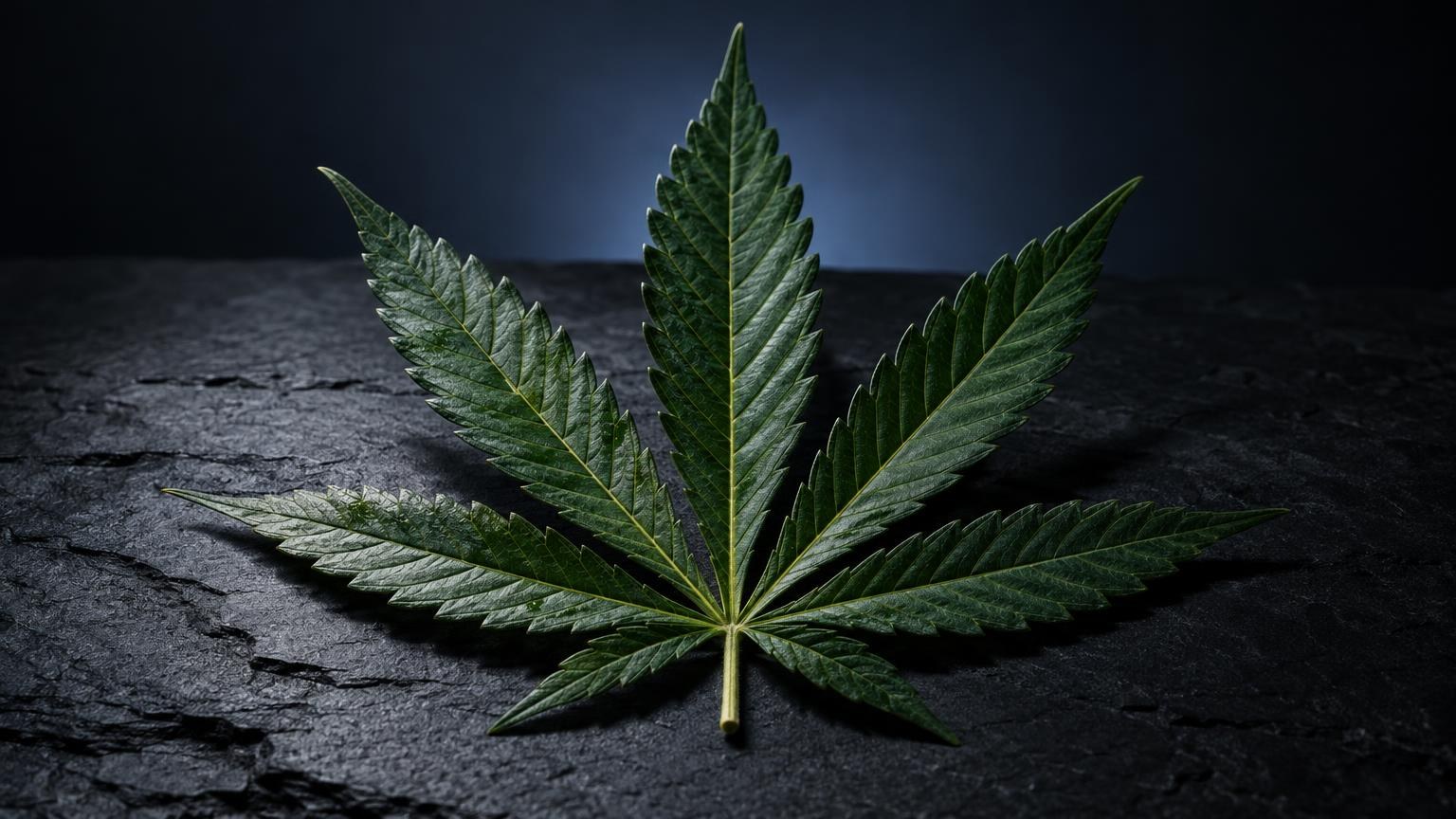 420 : signification : feuille de cannabis verte à sept folioles sur surface grise, symbole botanique associé à 420
