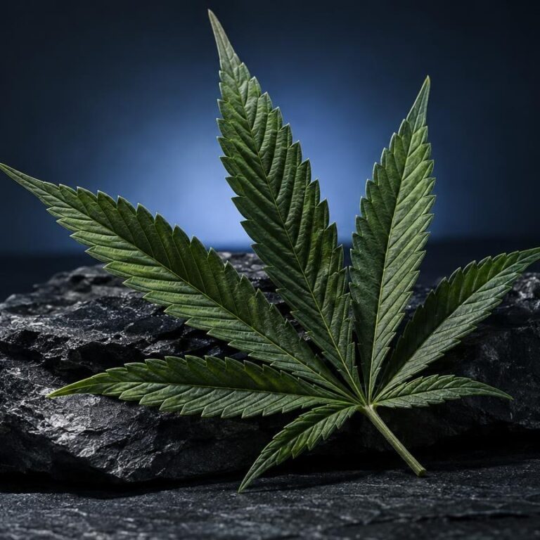 Feuille de cannabis aux nervures marquées posée sur une roche grise, fond bleu sombre, dans un article sur Amnesia Haze