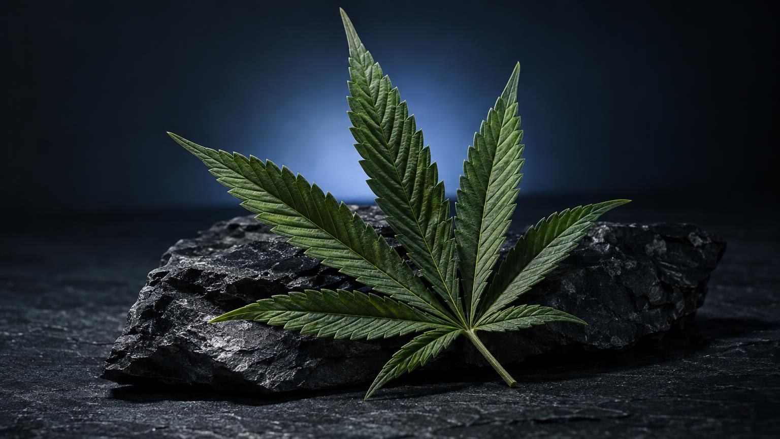 Feuille de cannabis aux nervures marquées posée sur une roche grise, fond bleu sombre, dans un article sur Amnesia Haze