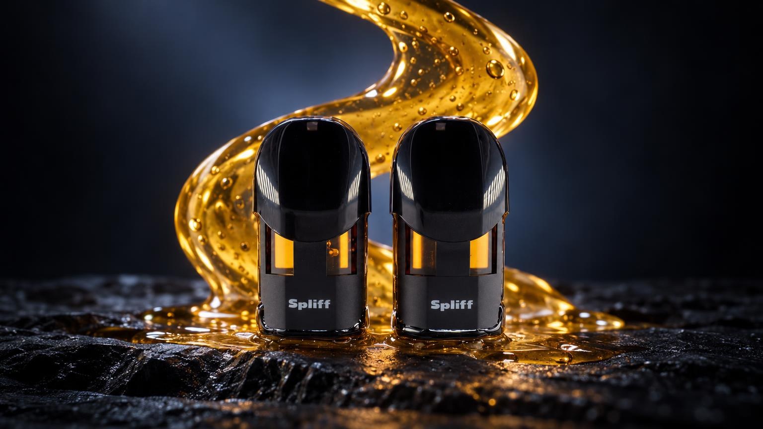 Dos cápsulas negras con líquido dorado, junto a resina viscosa color ámbar