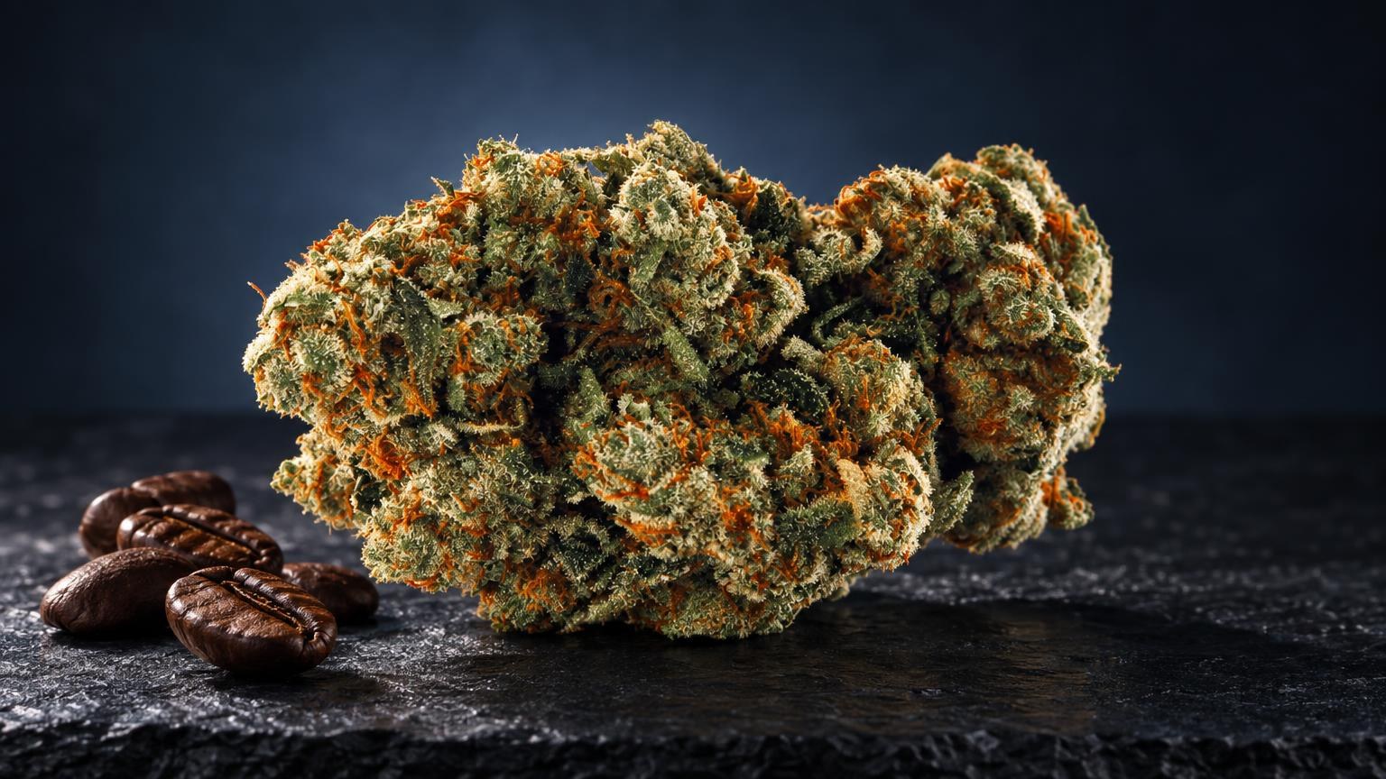 Amnesia Haze Strain: dense, chunky Amnesia buds with golden and orange hairs against dark background; cannabis strain ar
