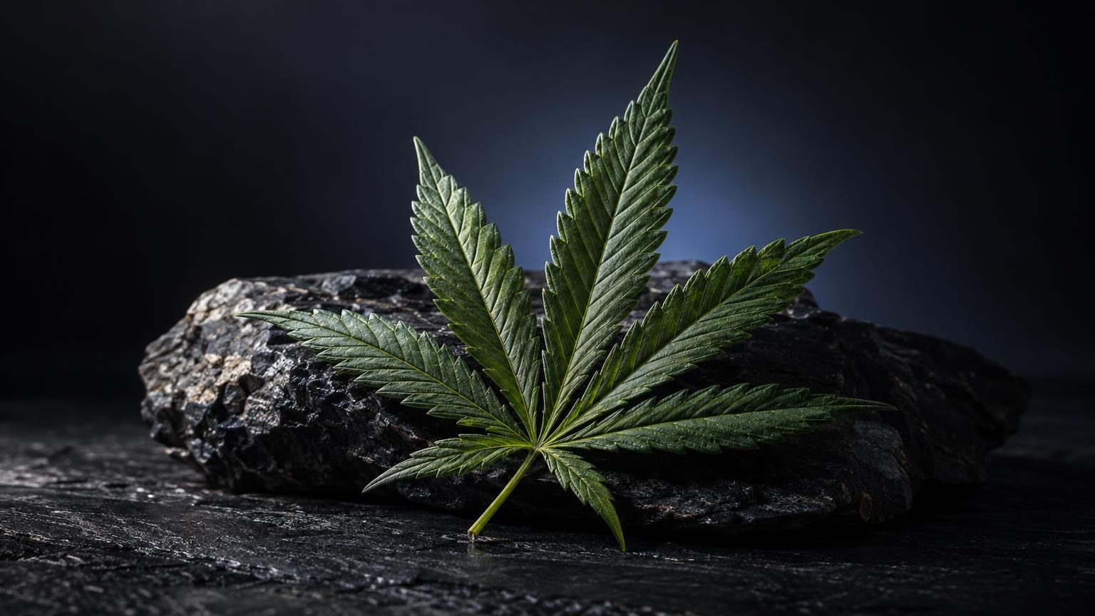 Foglia verde di cannabis con sette punte su roccia scura, illustra la genetica della varietà Amnesia