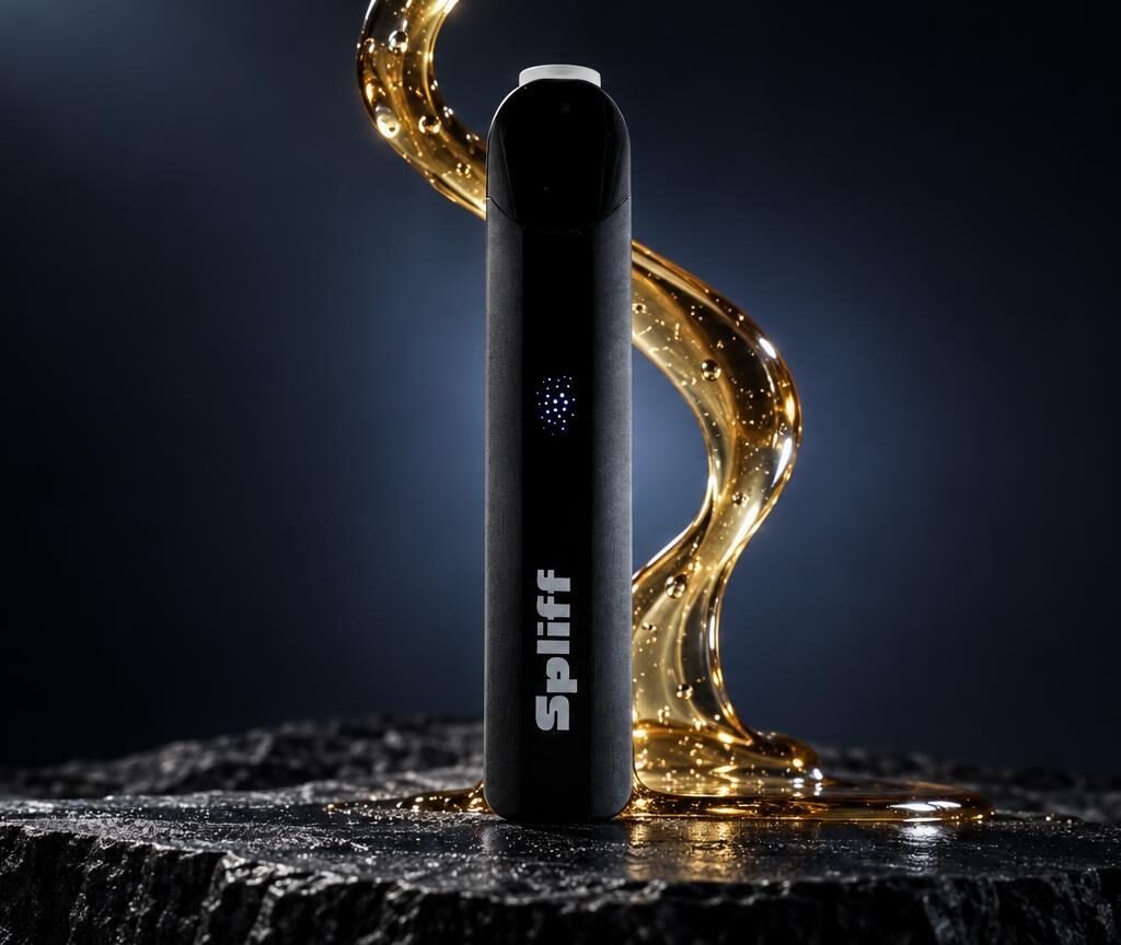 Stylo vaporisateur noir avec logo, entouré de traînées dorées lumineuses sur surface texturée, fond bleu sombre