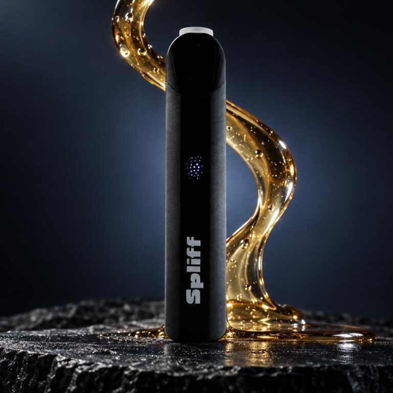 Stylo vaporisateur noir avec logo, entouré de traînées dorées lumineuses sur surface texturée, fond bleu sombre