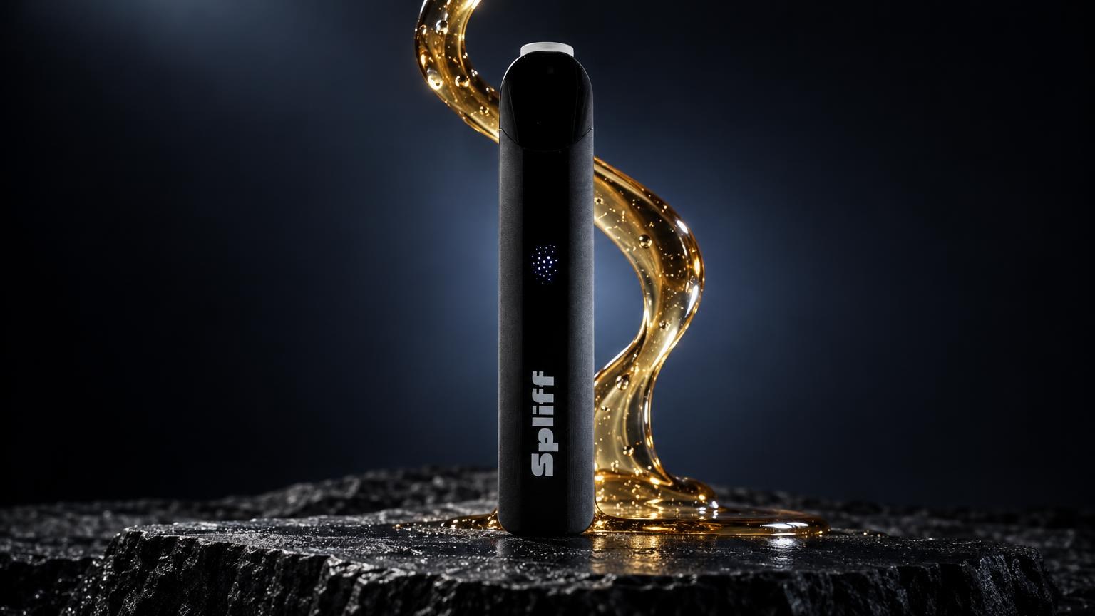 Stylo vaporisateur noir avec logo, entouré de traßnées dorées lumineuses sur surface texturée, fond bleu sombre