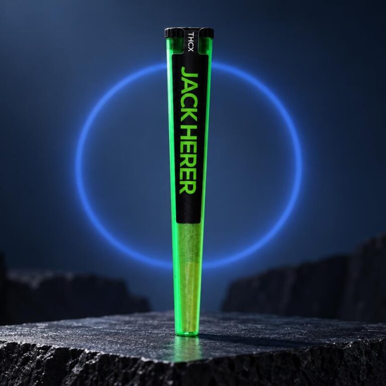 Blunt : tube vert vif avec embout noir posé sur roche, entouré d'une aura bleue lumineuse