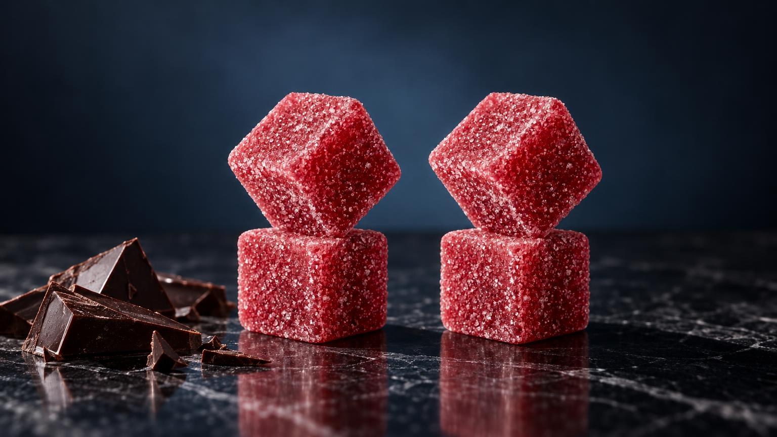 Blunt spliff: two stacked red sugar-coated cube candies next to dark chocolate pieces on a slate surface