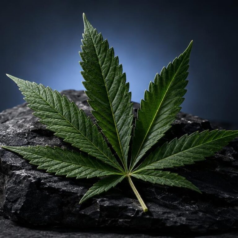 Bonbon CBD : feuille de cannabis aux nervures marquées posée sur un rocher, fond sombre éclairé