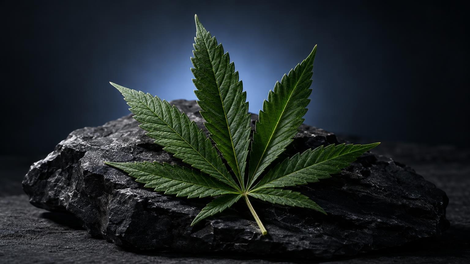 Bonbon CBD : feuille de cannabis aux nervures marquées posée sur un rocher, fond sombre éclairé