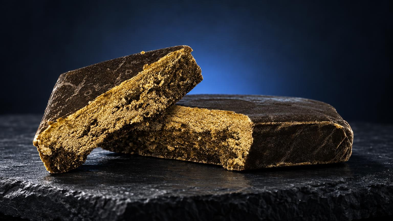Drei braun-goldene, kompakte Blöcke mit poröser Textur nebeneinander auf dunklem Untergrund
