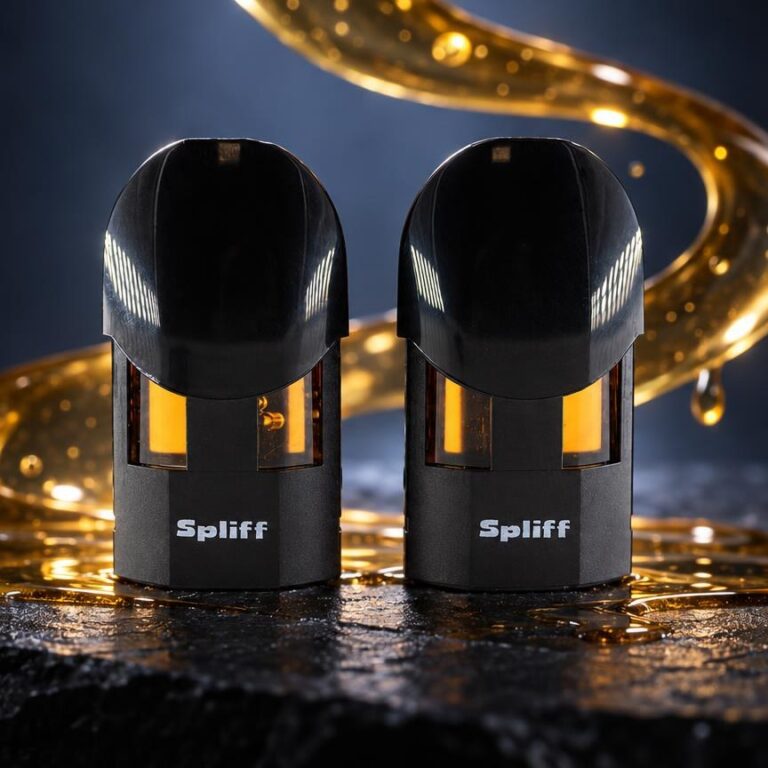 California puff : deux pods noirs cylindriques avec inserts dorés, entourés d'un liquide ambré scintillant sur fond sombre