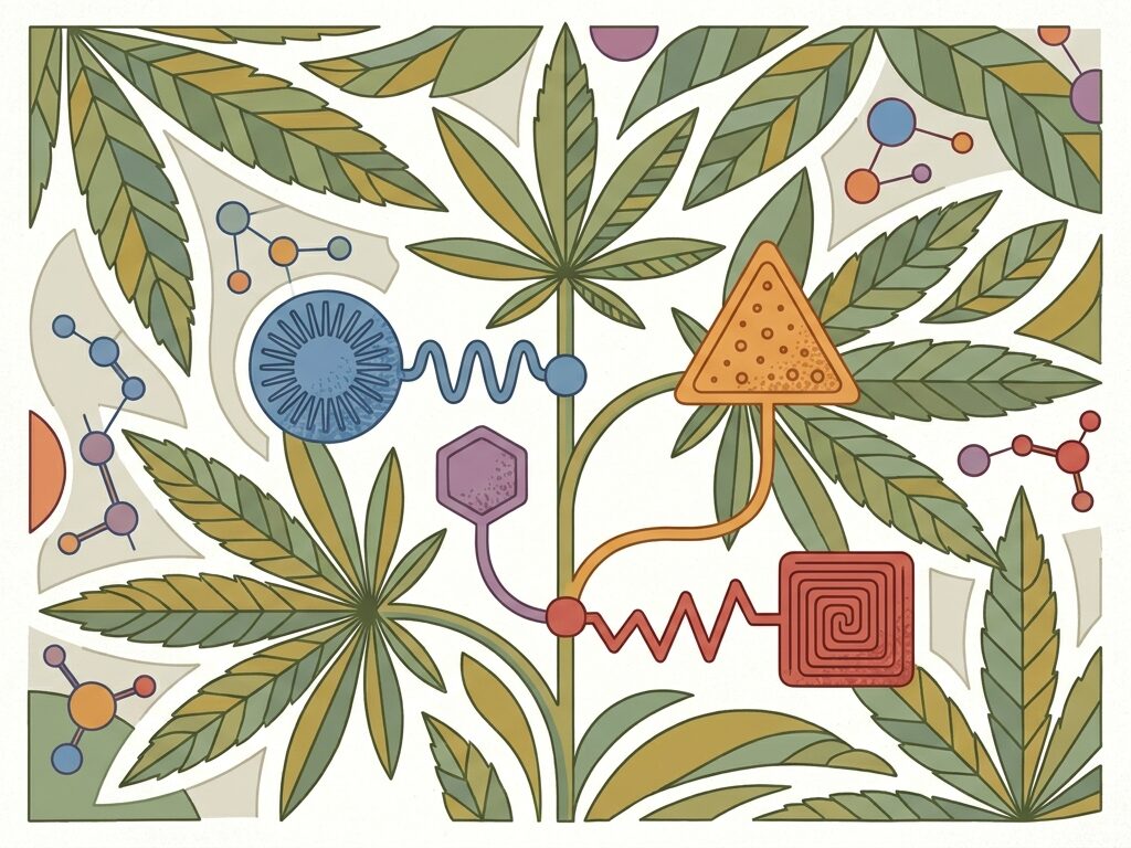 Feuilles de cannabis stylisées avec molécules colorées et structures chimiques abstraites