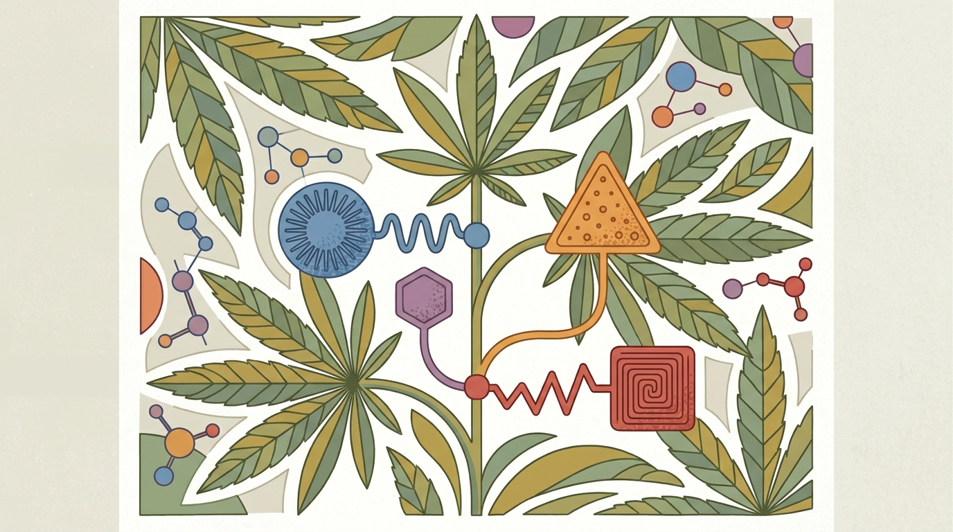 Feuilles de cannabis stylisées avec molécules colorées et structures chimiques abstraites