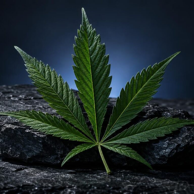 Cannabis légal en France : feuille de cannabis aux nervures distinctes posée sur une pierre grise, fond bleu nuit