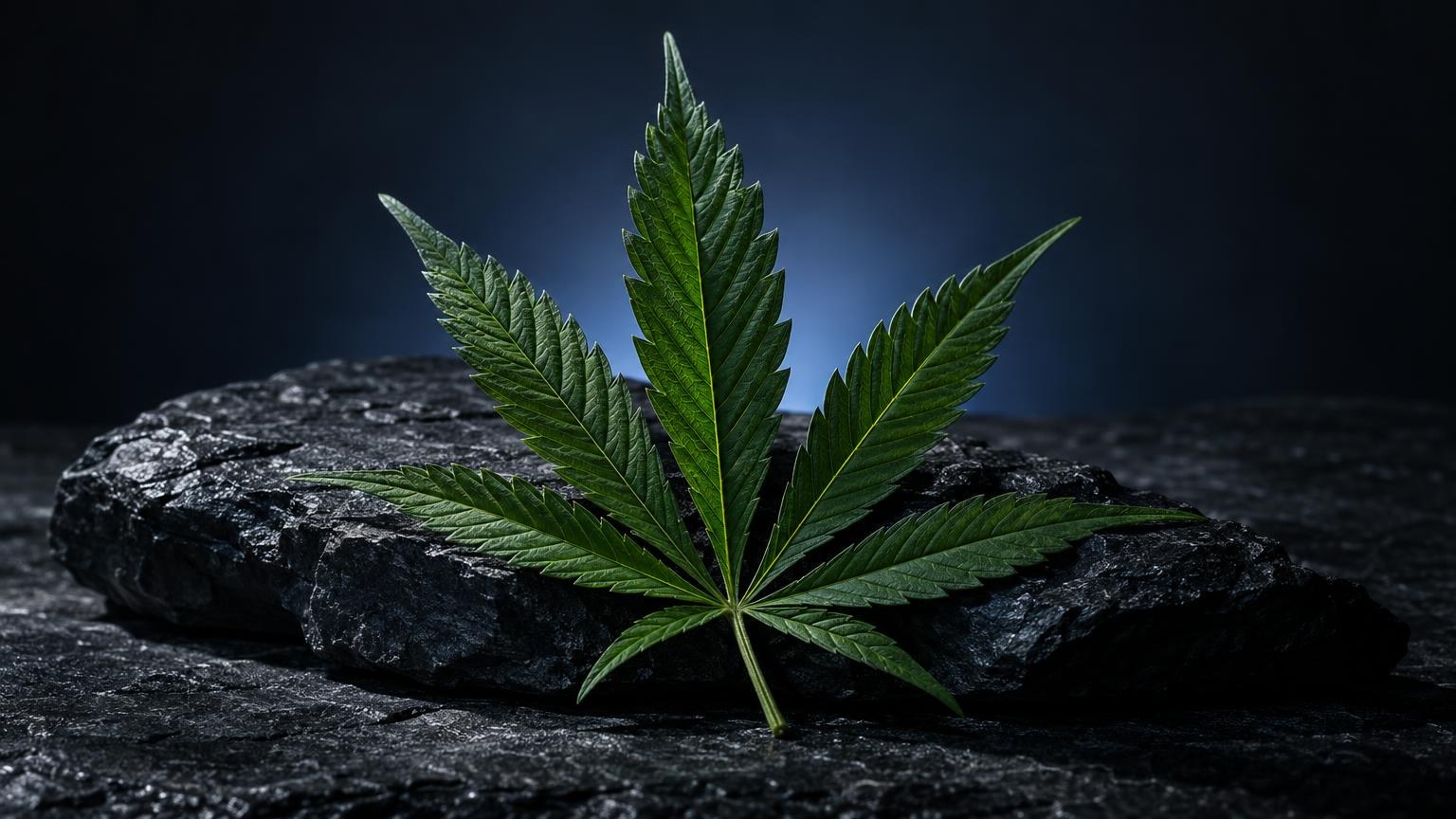 Cannabis légal en France : feuille de cannabis aux nervures distinctes posée sur une pierre grise, fond bleu nuit