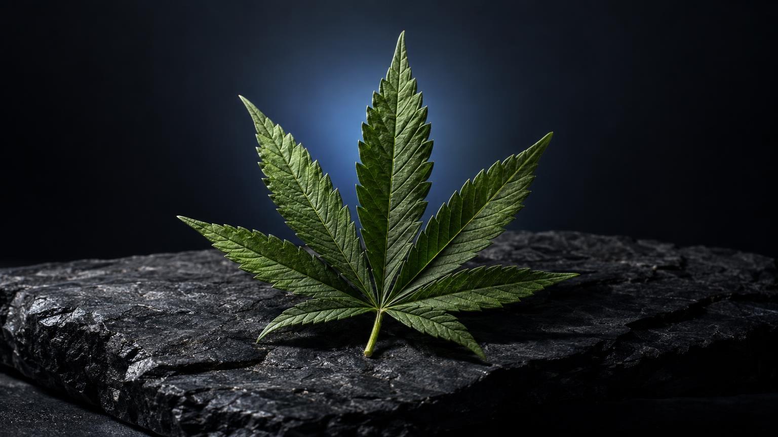 Cannabisgesetz: cannabisblatt mit sieben gezackten Blättchen auf Stein vor dunklem Hintergrund