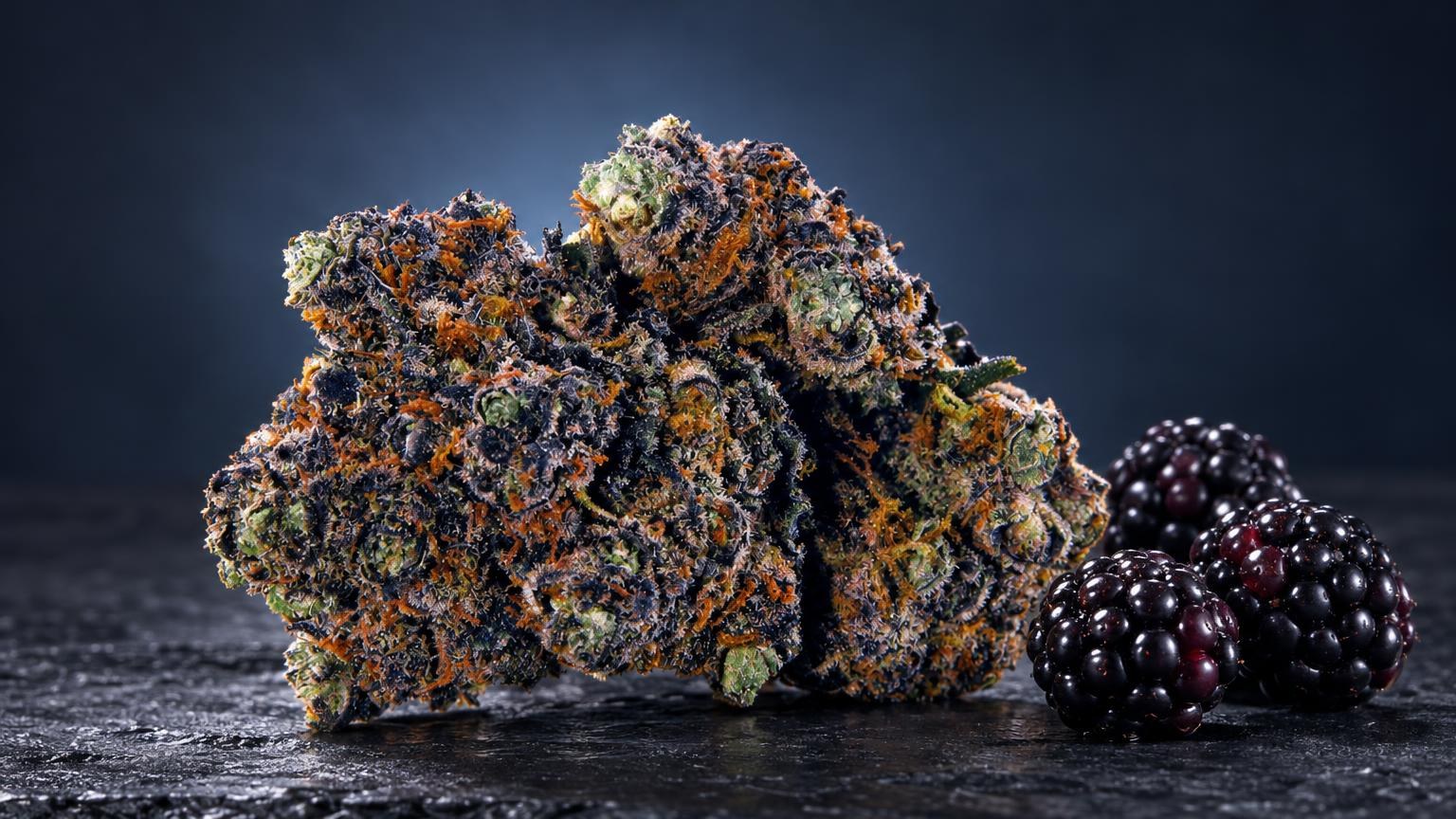 CBD bloemen: purple Haze met kristallijne structuur en paarse tinten naast donkere bramen, onderwerp van CBD-productgids