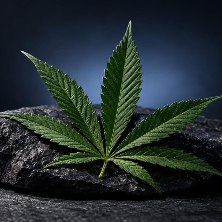 Feuille verte de cannabis avec ses sept folioles caractéristiques posée sur une pierre grise, pour illustrer CBD, c'est quoi