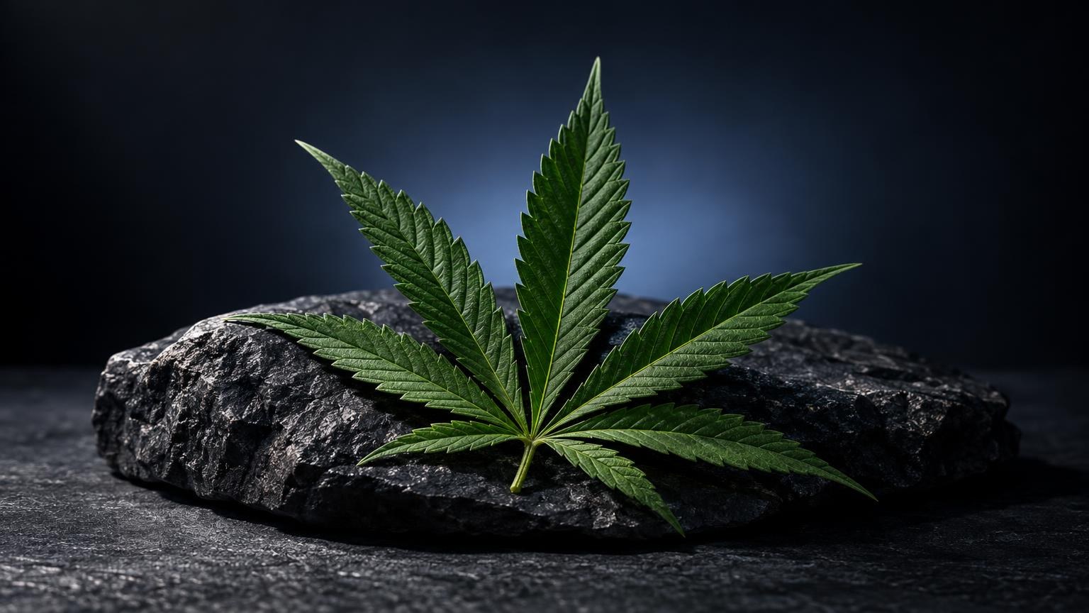 Feuille verte de cannabis avec ses sept folioles caractéristiques posée sur une pierre grise, pour illustrer CBD