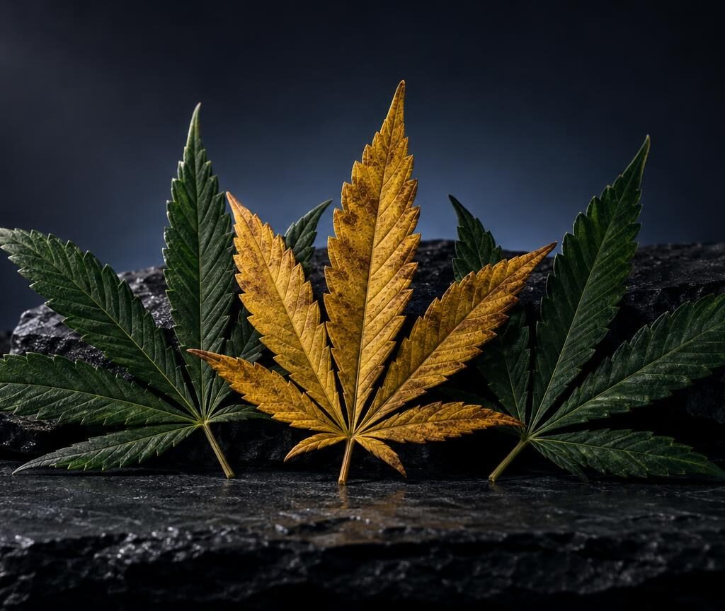Feuilles de cannabis aux nervures dorées et vertes sur roche sombre, symbolisant le CBD discounter