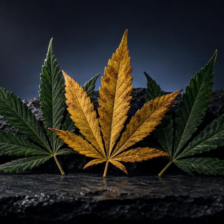Feuilles de cannabis aux nervures dorées et vertes sur roche sombre, symbolisant le CBD discounter
