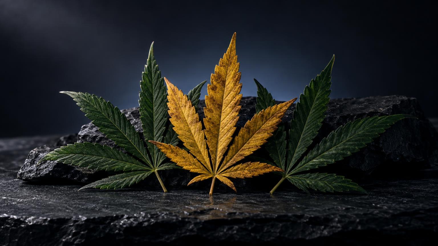 Feuilles de cannabis aux nervures dorées et vertes sur roche sombre, symbolisant le CBD discounter