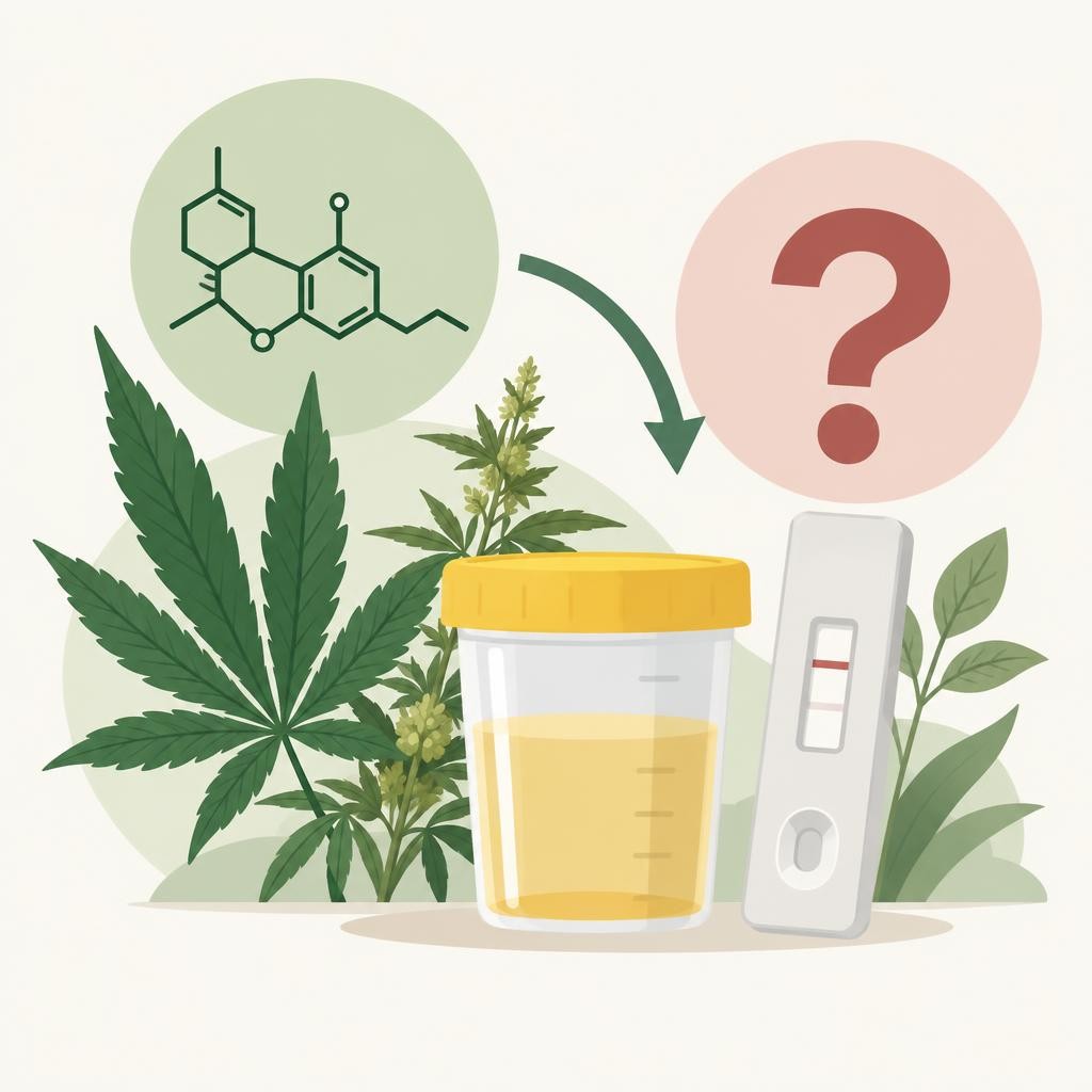 CBD et test urinaire : molécule de CBD, récipient d'urine avec test de dépistage, feuille de chanvre et point d'interrogation
