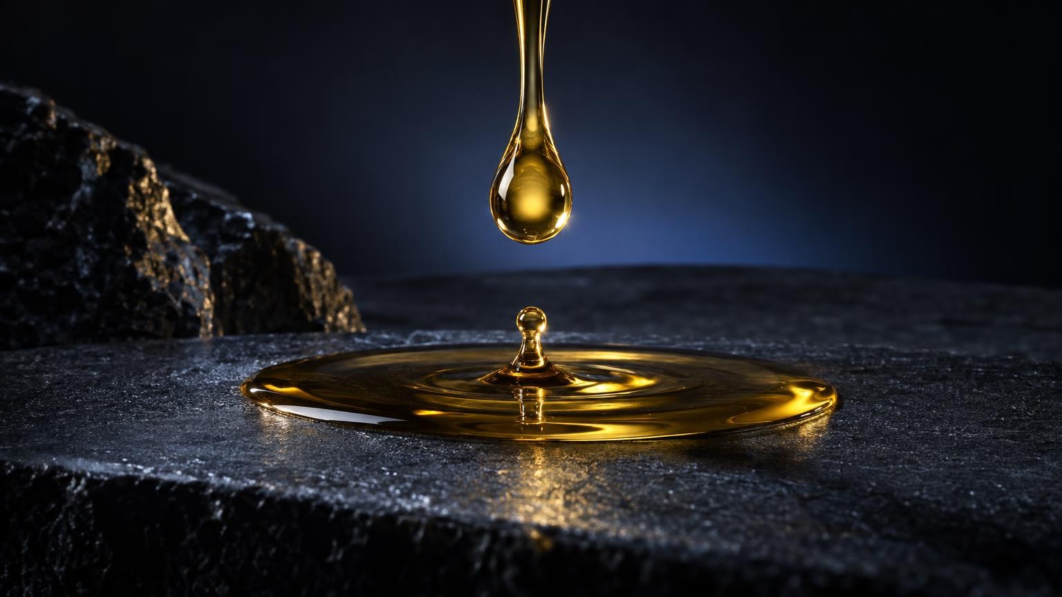 CBD Öl: tropfen goldenes Öl fällt auf dunkle Oberfläche mit Pfütze, minimalistisch inszeniert