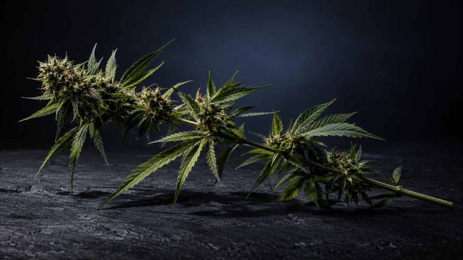 Fleurs de cannabis séchées sur surface noire, illustrant les produits disponibles en cbd pharmacie