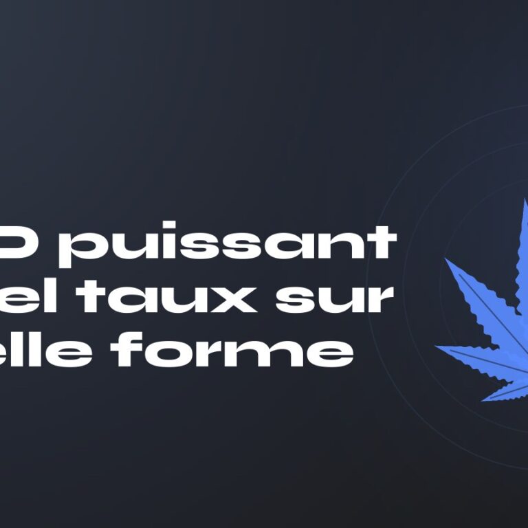 CBD puissant : quel taux sur quelle forme — titre sur fond sombre, feuille de chanvre stylisée