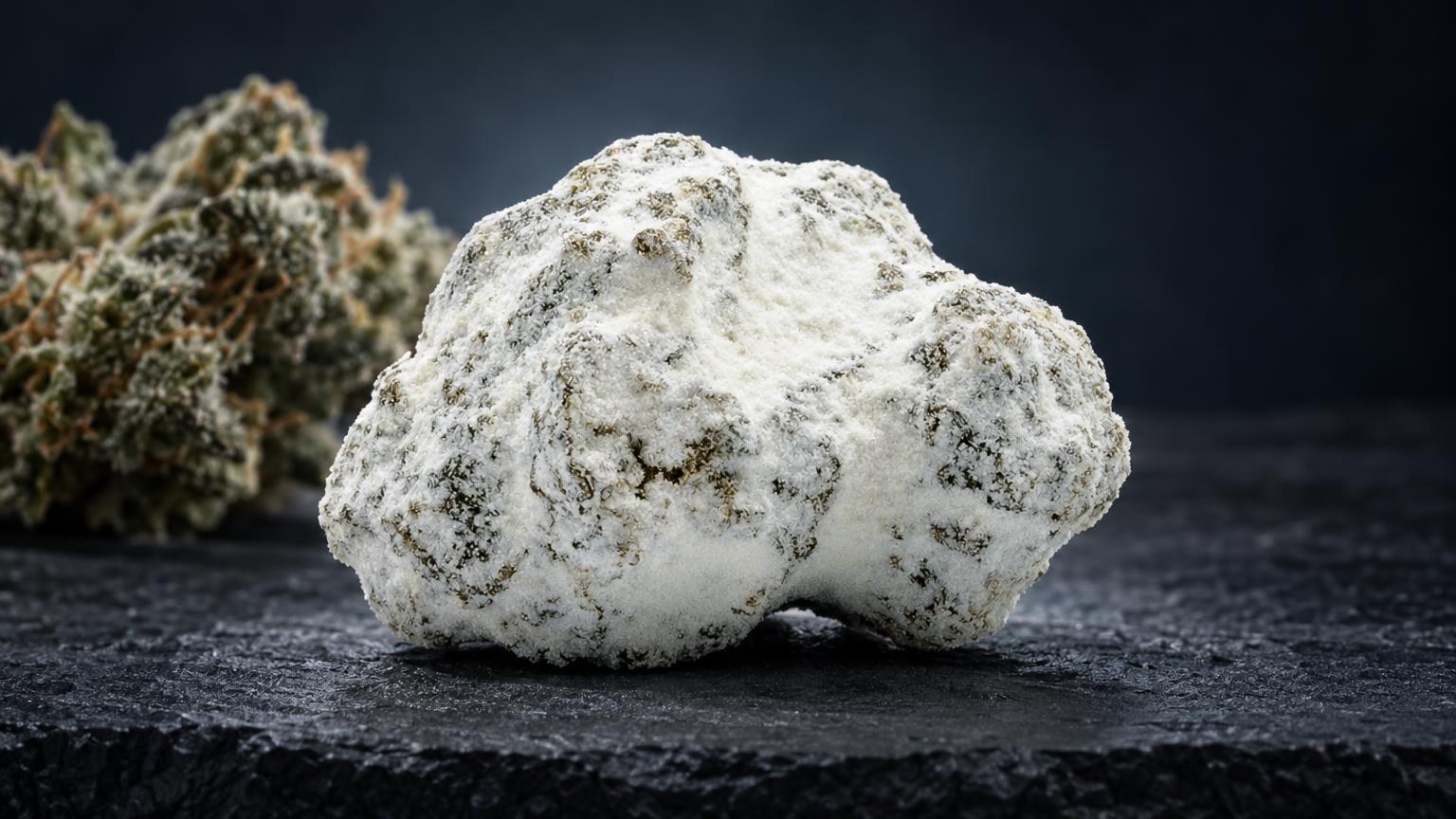 Ice Rock blanc et beige aux cristaux apparents, présenté sur surface noire, avec matière broyée en arrière-plan